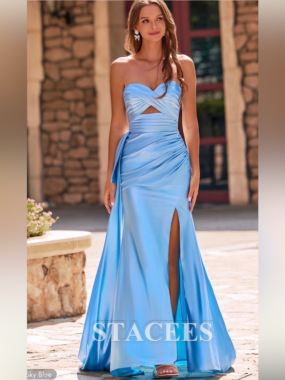 NWT Sky Blue Ruched Satin Evening Gown